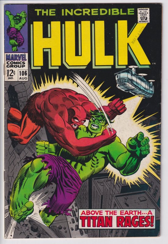 INCREDIBLE HULK #106 (Aug 1968) VGF 5.0 cream to white!