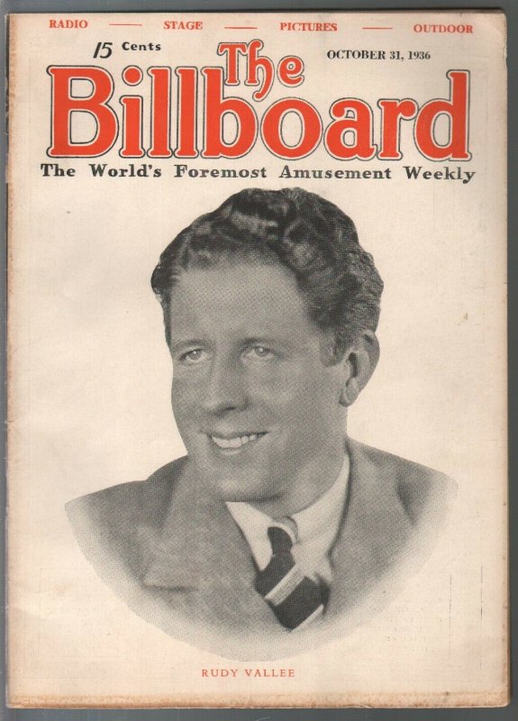 Billboard 10/31/1936-Rudy Vallee cover-pinball ads-coin-op-Juke box-FN