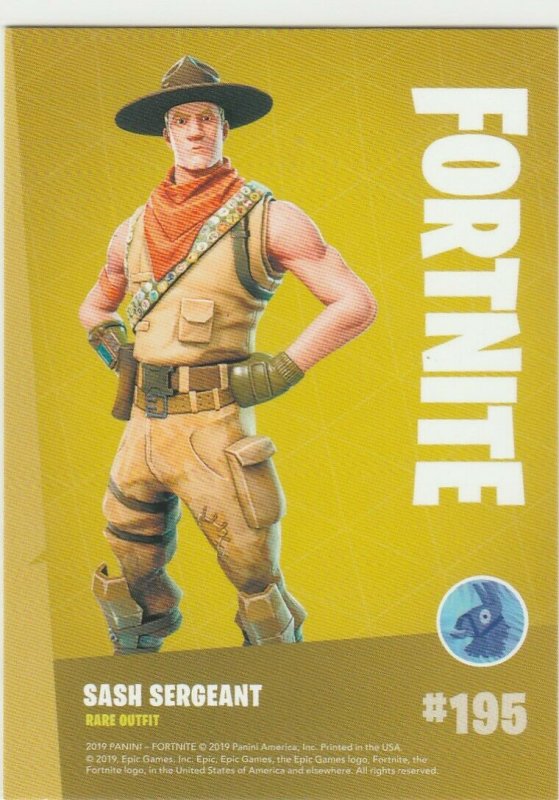 Fortnite Sash Sergeant 195 Rare Outfit Panini 2019 trading card series 1