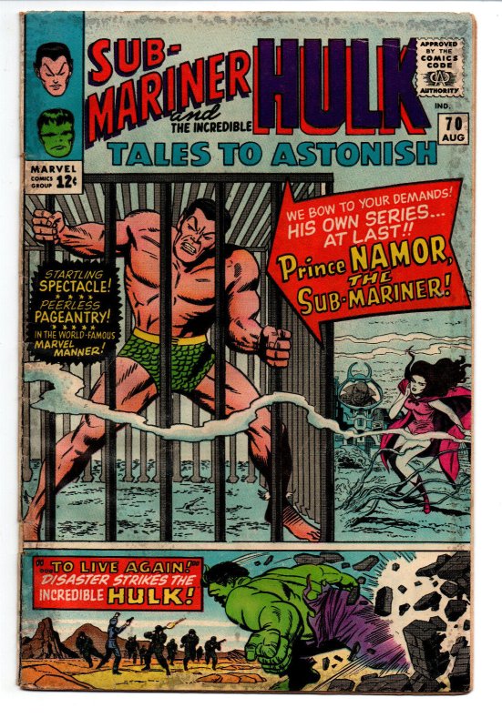 Tales to Astonish #70 - Hulk - 1st solo Namor - 1965 - VG+ 