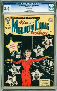 Miss Melody Lane of Broadway #1 CGC 8.0! OW Pages! Sticker residue back of slab