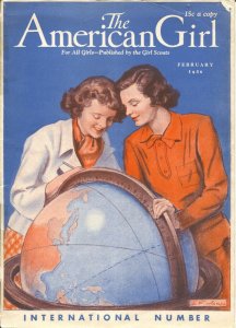 American Girl 2/1936-Girls study globe cover-E.F Ward-International Issue-Gir...