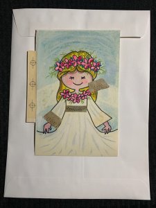 VALENTINES DAY Cartoon Girl with Pink Flowers 5.5x8 Greeting Card Art V3643