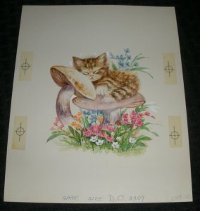 CUTE CAT KITTEN on Mushroom w/ Flowers 7x8.5 Greeting Card Art #8309