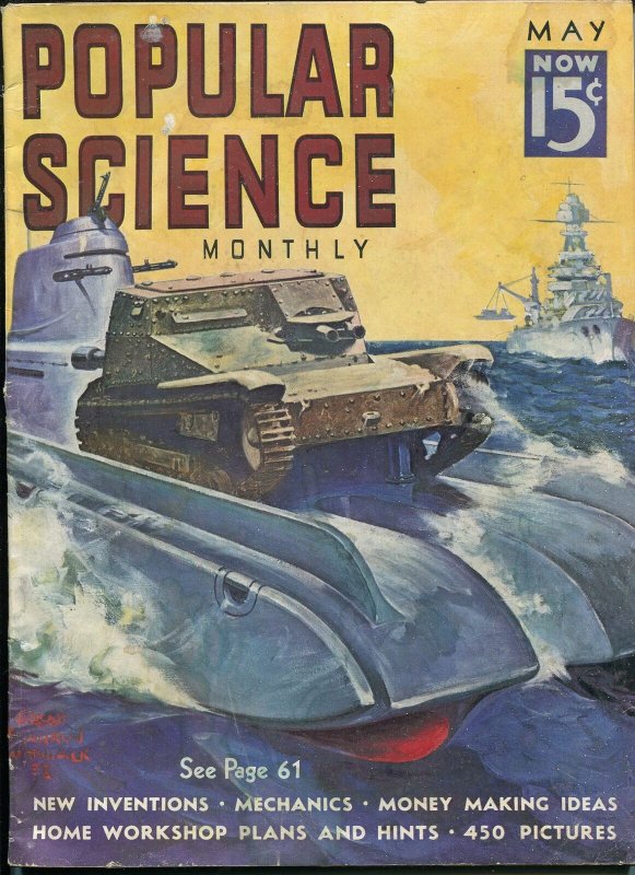 POPULAR SCIENCE 05/1938-PULP STYLE FANTASY TANK COVER-9 X 12-vg