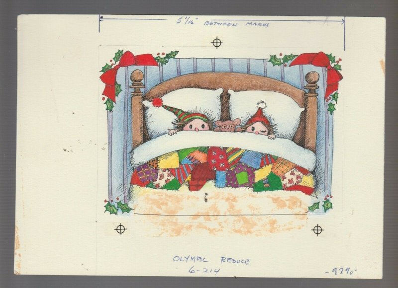 MERRY CHRISTMAS Cute Kids in Bed w/ Teddy Bear 8x5.5 Greeting Card Art #6214