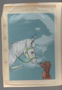 MISSING YOU Painted Horse Dog & Bird 7x9 Greeting Card Art #M1451