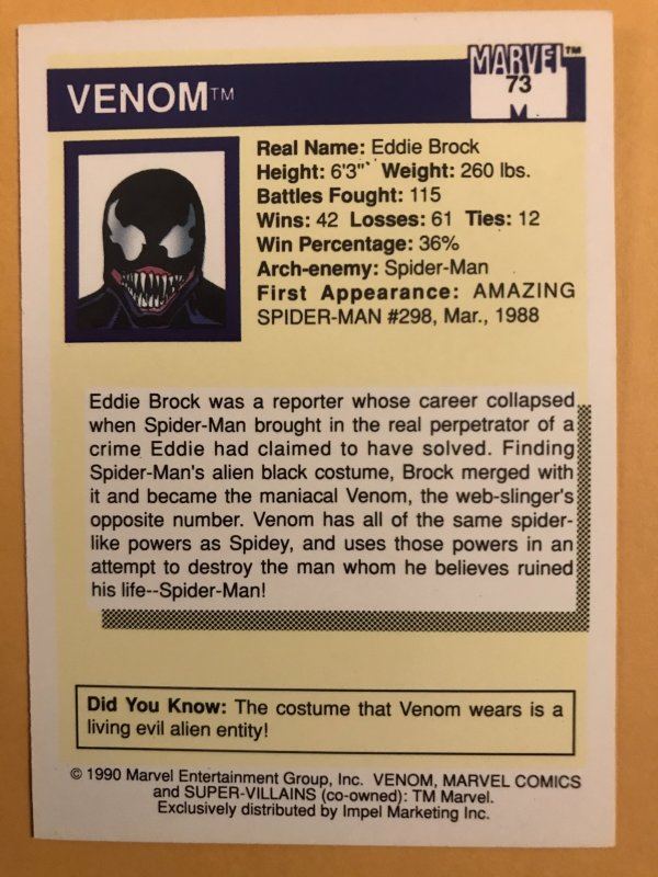 VENOM #73 : 1990 Marvel Universe Series 1 card, NM/M,  1st card appearance