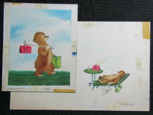 BON VOYAGE Painted Bear w/ Radio & Suitcase 2pcs 14x9 Greeting Card Art #BV4205