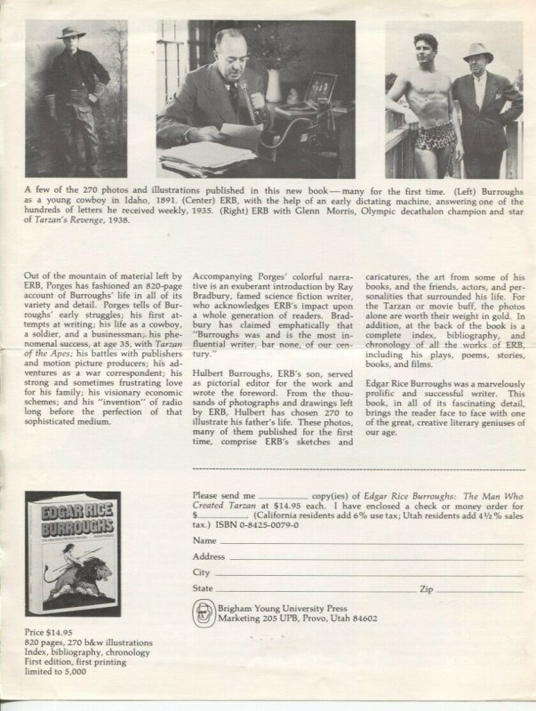 Edgar Rice Burroughs: The Man Who Created Tarzan 1975-BYU Press-promo page fo...