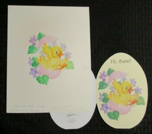 EASTER Baby Chick w/ Egg & Flowers 7.5x9.5 Greeting Card Art #2408 w 3 Cards