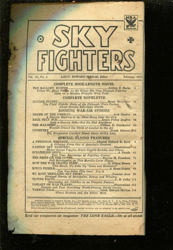 SKY FIGHTERS 02/1934-AIR WAR PULPS-WWI-ARTHUR J BURKS-MCALESTER-pr/fr