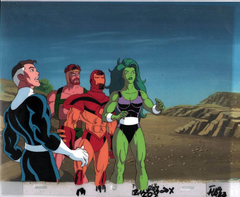 Production Cel from Fantastic Four '94 -COA & Roughs of Iron Man, Herc, She-Hulk