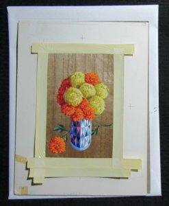 BIRTHDAY Yellow Orange Chrysanthemum in Blue Vase 10x13 Greeting Card Art #8894