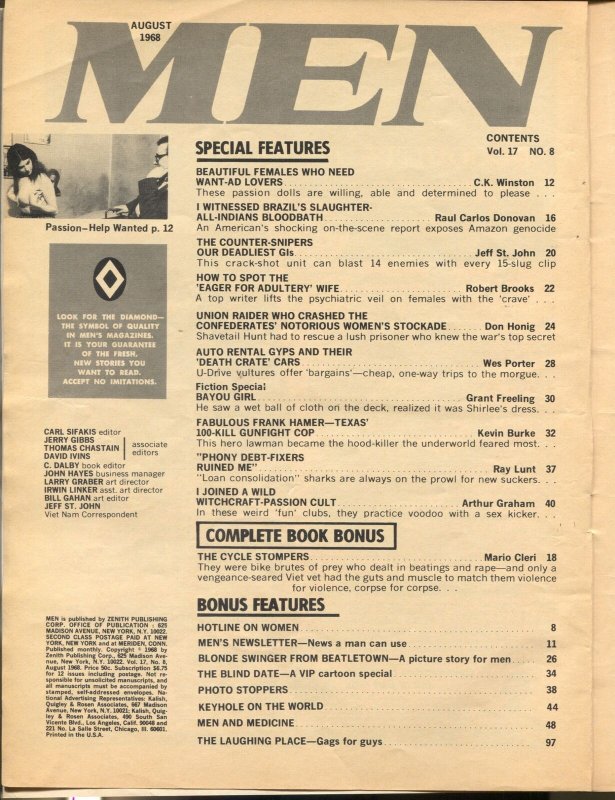 Men 8/1968-Atlas-Cyclestompers Motorcycle Gang-cheesecake-Pollen-VG/FM
