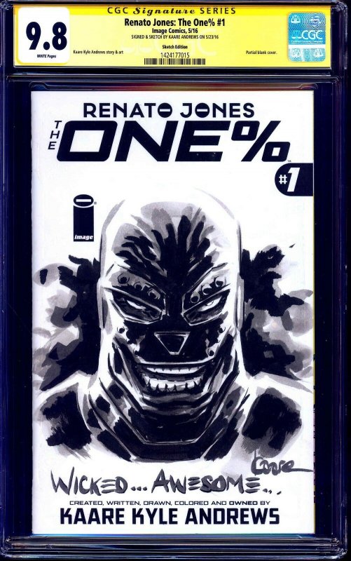 Renato Jones The One% #1 BLANK CGC SS 9.8 signed ORIGINAL SKETCH Kaare Andrews