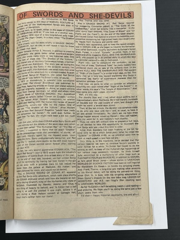 Marvel Feature Presents Red Sonja 1 She-Devil With A Sword VF- 1975 MISCUT PAGE