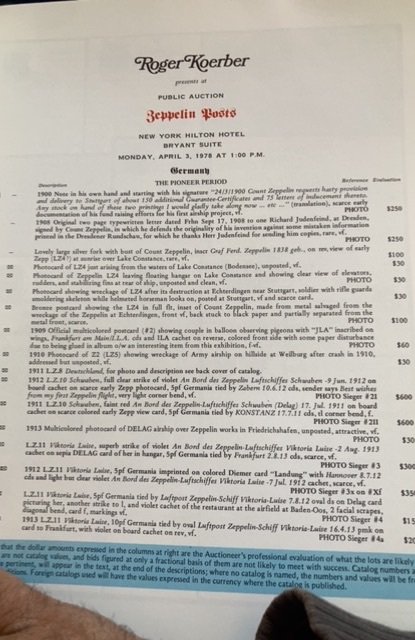 Roger KOERBER(PHILATELIST)Zeppelin posts auction catalogue, 1978