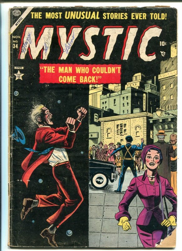 MYSTIC #34 1954-ATLAS-SCI-FI-DINOSAURS-VIOLENCE-TERROR-PRE-CODE HORROR-good 