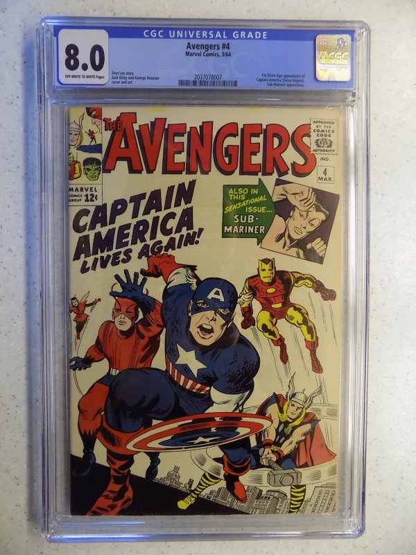 AVENGERS # 4 MARVEL CGC 8.0. 1ST SILVER CAPTAIN AMERICA THOR IRON MAN