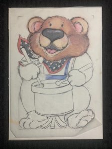 4TH OF JULY Teddy Bear Playing Drum Pencil & Color 6x9 Greeting Card Art #27945