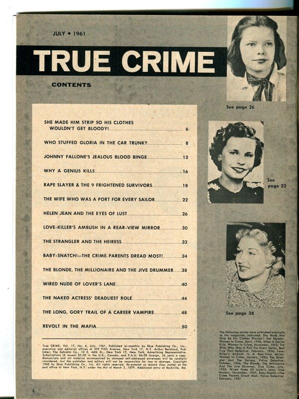 True Crime 7/1961-Skye-female body dumo-Mafia-crime-violence-FN/VF