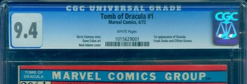 Tomb of Dracula #1 1972 1st Dracula! Neal Adams Cover! CGC 9.4 WHITE Pages!