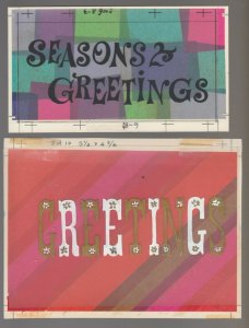 SEASON'S GREETINGS Lettering Checkered & Striped 8x6 Greeting Card Art LOT of 2