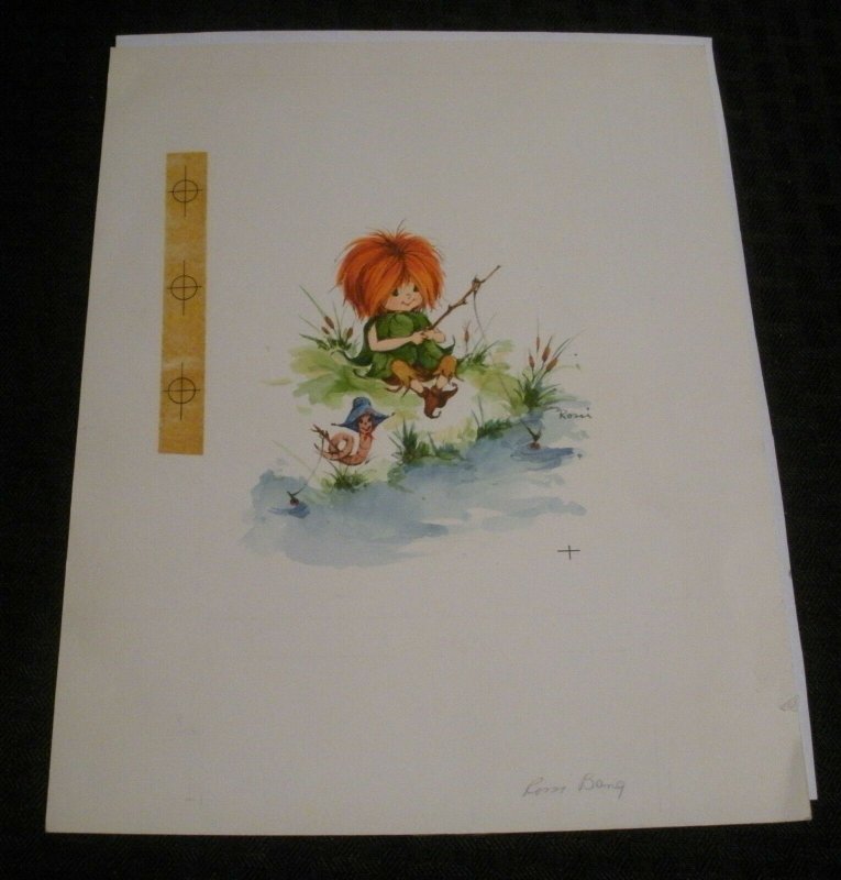 CUTE RED HAIRED GIRL Fishing w/ Worm 8x10 Greeting Card Art #8670