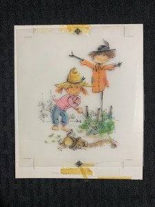 CUTE GIRL with Puppy & Scarecrow (Black on Overlay) 5x6 Greeting Card Art #nn