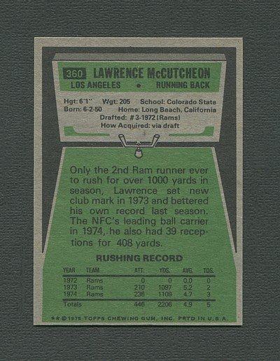 1975 Topps Football /  Lawrence McCutheon #360 /  NM-MT+