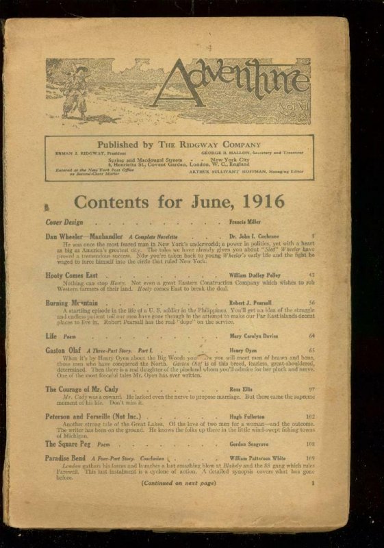 ADVENTURE PULP-JUNE 1916-BARGAIN READING COPY-RARE PULP P/FR