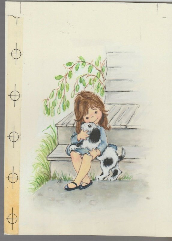 GET WELL SOON Cute Girl w/ Spotted Puppy on Stepps 6x8 Greeting Card Art #C8614