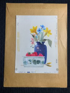 BEST WISHES Flowers in Vase with Strawberries 6x8.5 Greeting Card Art #M94045