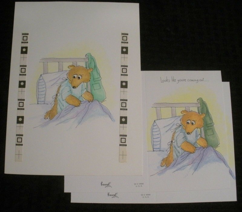 GET WELL SOON Cartoon Teddy Bear in Hospital Gown 7x9.5 Greeting Card Art  #9544