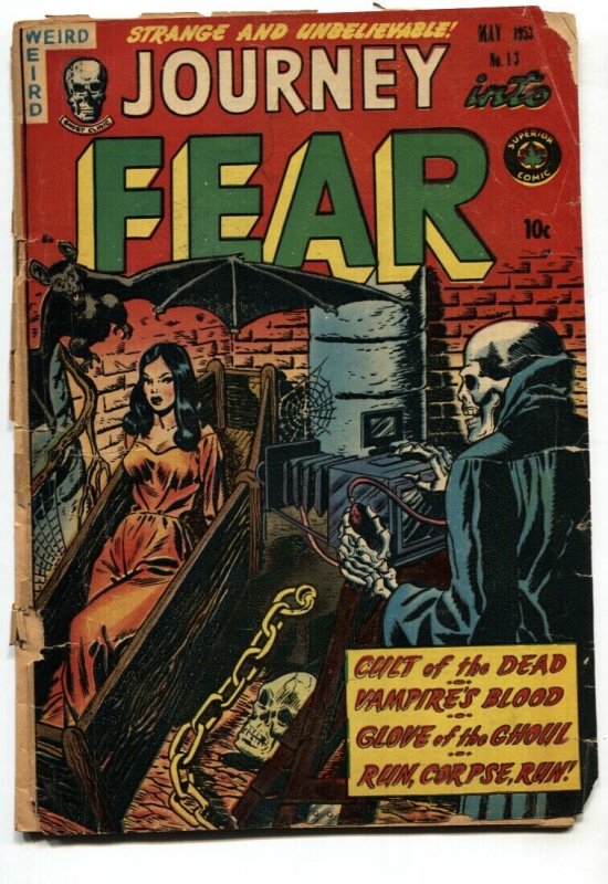 JOURNEY INTO FEAR #13 1953-SKELETON-VAMPIRE-HEADLIGHT-ZOMBIE-PRE-CODE