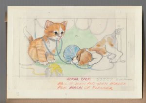 CUTE PUPPY & KITTEN w/ Ball of Yarn Pencil & Color 8x5.75 Greeting Card Art #nn