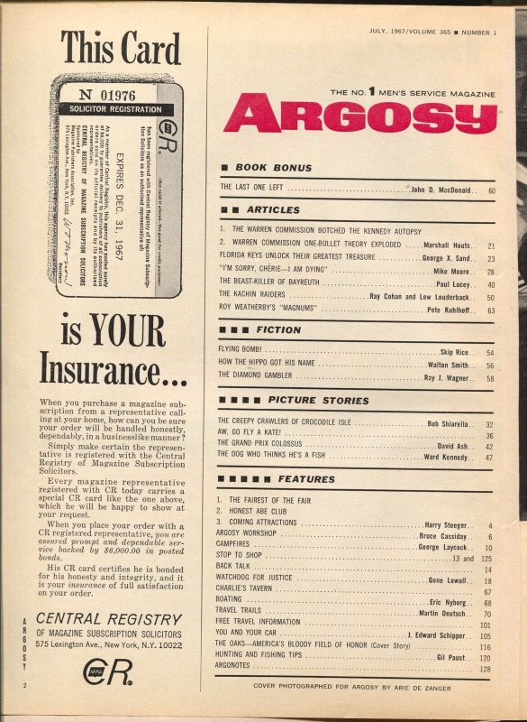 Argosy Magazine July 1967- -John D MacDonald-Bob McGinnis- JFK Autopsy