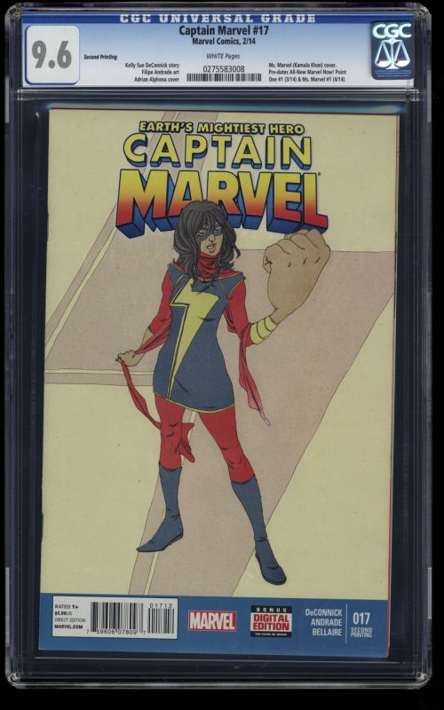 Captain Marvel (2014) #17 CGC NM+ 9.6 White Pages 2nd Print 1st Kamala Khan!