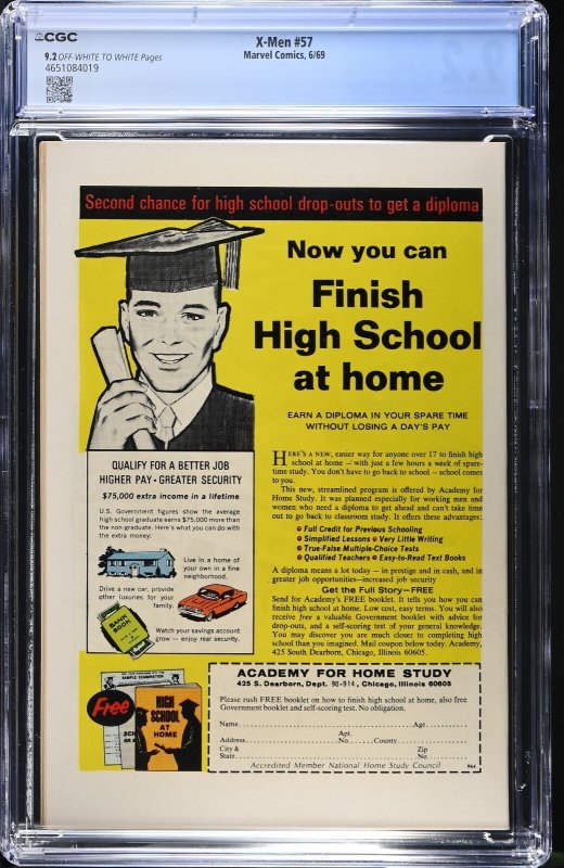 (1969) X-MEN #57 CGC 9.2 OW/WP! 1st Larry Trask! Neal Adams Art!