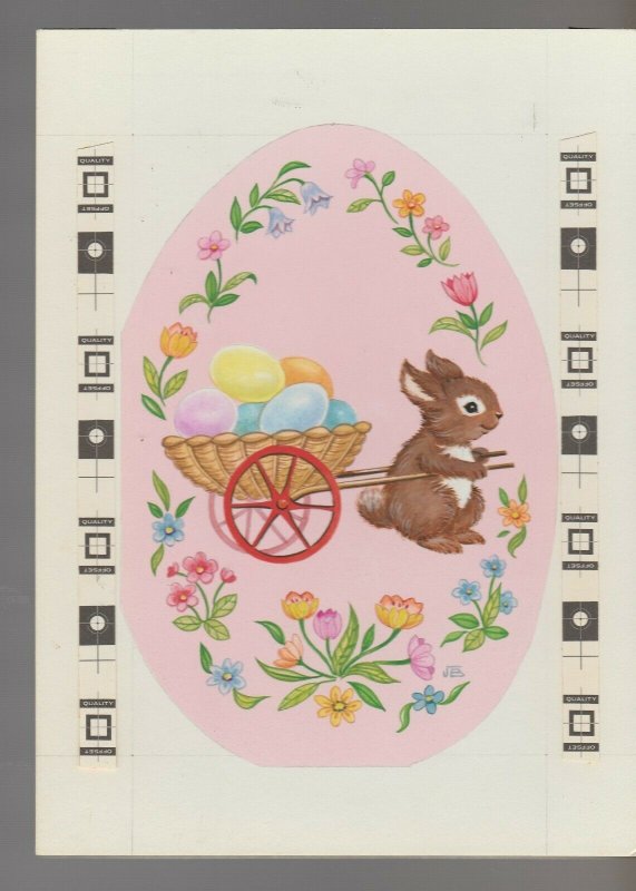 EASTER'S HERE Brown Rabbit Pulling Egg Cart 6.25x8.5 Greeting Card Art #E2418