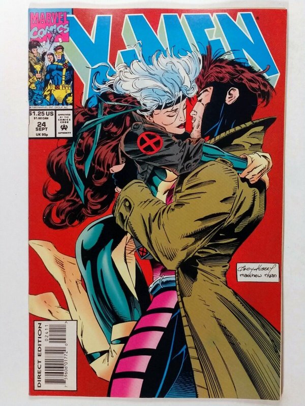 X-Men #24. Classic cover by Andy Kubert & Gambit and Rogue kiss 