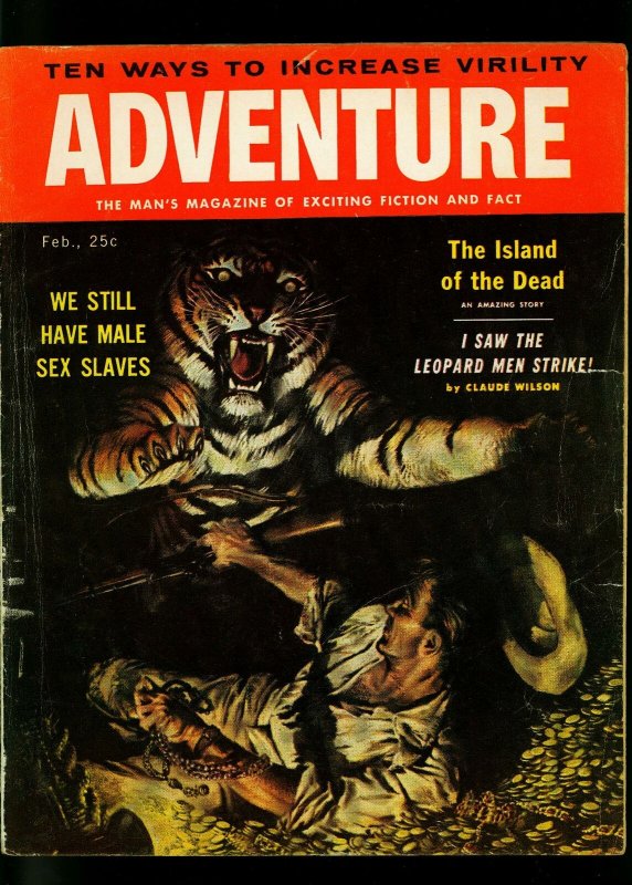 Adventure Pulp Magazine February 1957- Tiger cover- Arthur C Clarke- VG