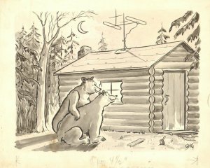 Bears Peeping in Cabin Gag - True Mag. 1949 art by George Green