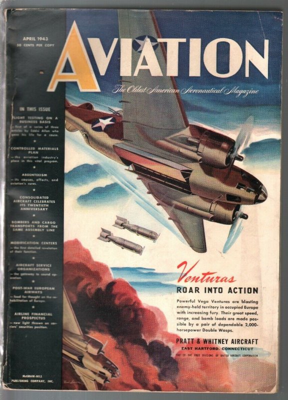 Aviation 4/1943-WWII aircraft-photos-illustrations-art-450+ pages-VG 