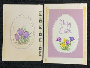 HAPPY EASTER Purple & Yellow Flowers 6x8.25 Greeting Card Art LOT of 2 #2308