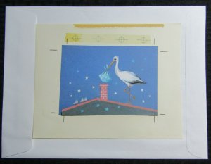 NEW ARRIVAL Stork on Roof with Chimney & Stars 8.5x7 Greeting Card Art #1843