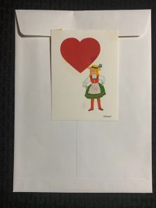 VALENTINES DAY Cartoon Girl in Dirndl w/ Heart 4.5x6 Greeting Card Art V3439