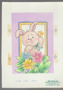 EASTER HELLO Cartoon Rabbit w/ Flowers Butterfly 7.5x10 Greeting Card Art #E2544