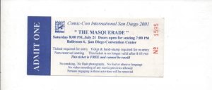 SAN DIEGO COMIC CON 'MASQUERADE' Ticket, SDCC 2001, Unused, #1595